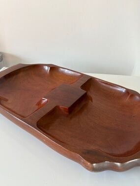 Solid Carved Teak Wood Divided Coffee Table Tray Retro Vintage Decor